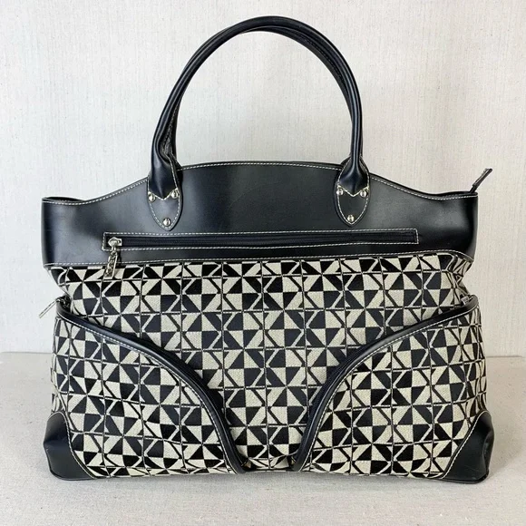 Maxx New‎ York Black Faux Leather and Geometric Print Fabric Travel/Tote Bag - Picture 2 of 13
